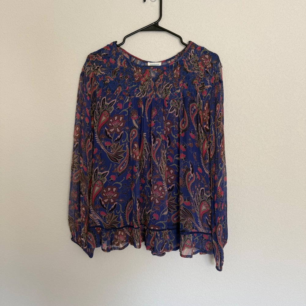 Sundance Womens Blue Paisley Sheer Textured Ruffle Hem Blouse Top Boho Indie